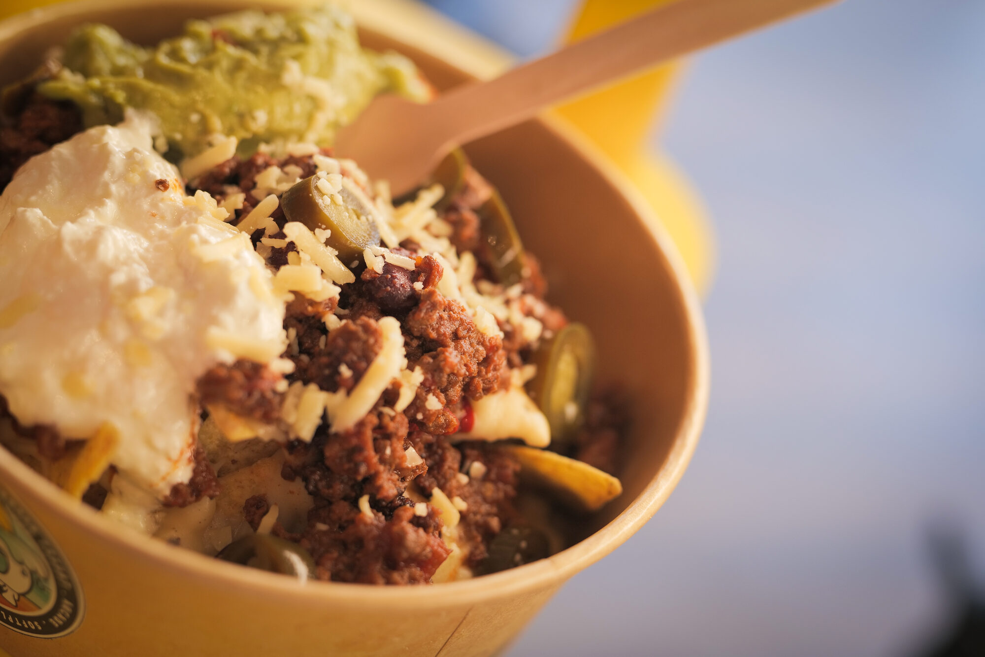 Loaded nachos with beef, cheese, guacamole and sour cream